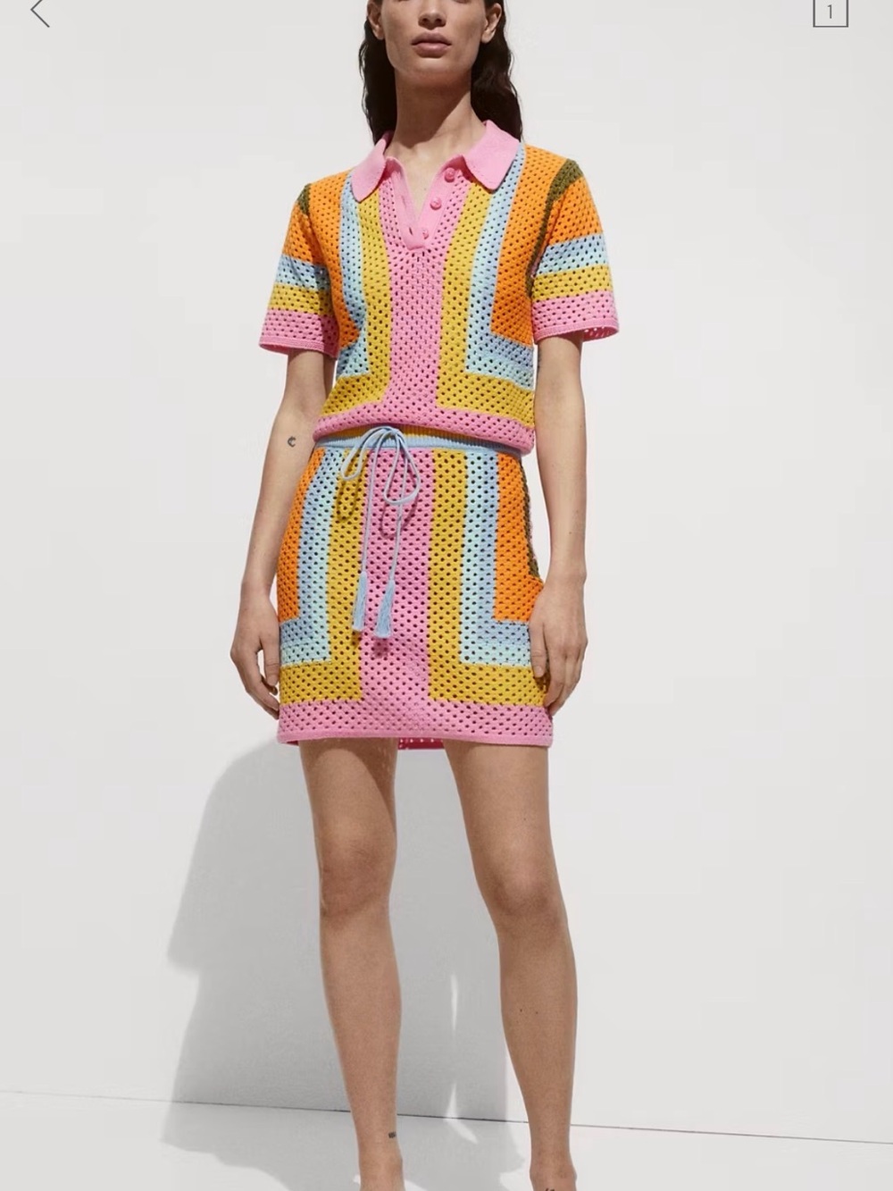 Mango Crochet Knit Matching Set | Colorful Stripe Top + Skirt | Size L